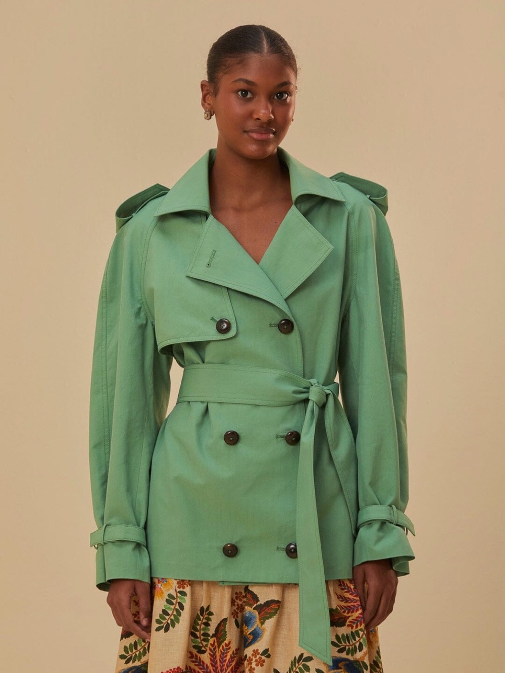 FARM Rio Mint Green Double-Breasted Belted Trench Jacket